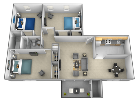 Floor plan for 3 beds, 2 baths, 1269 sqft